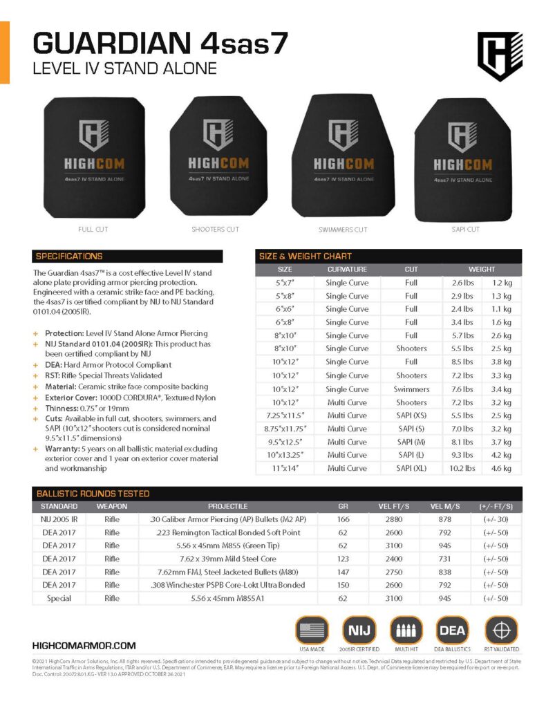 HighCom Armor Guardian 4sas7 Hard Armor Plate Spec Sheet PDF page