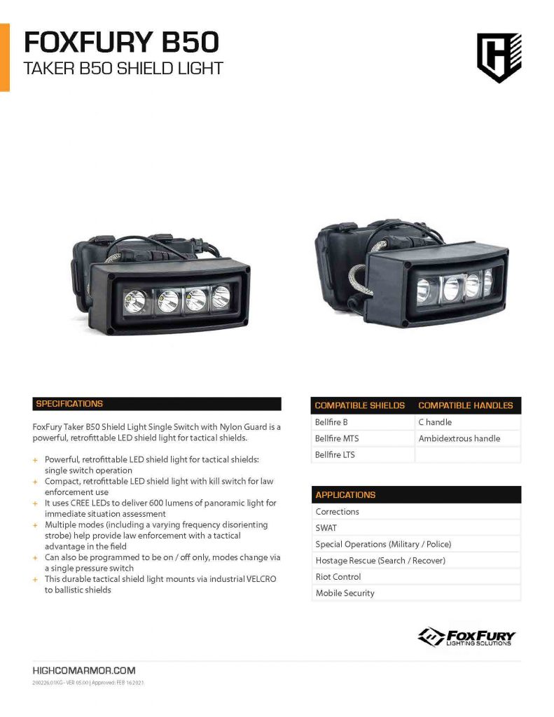 HighCom Armor Foxfury B50 taker Shield Light Product Spec PDF