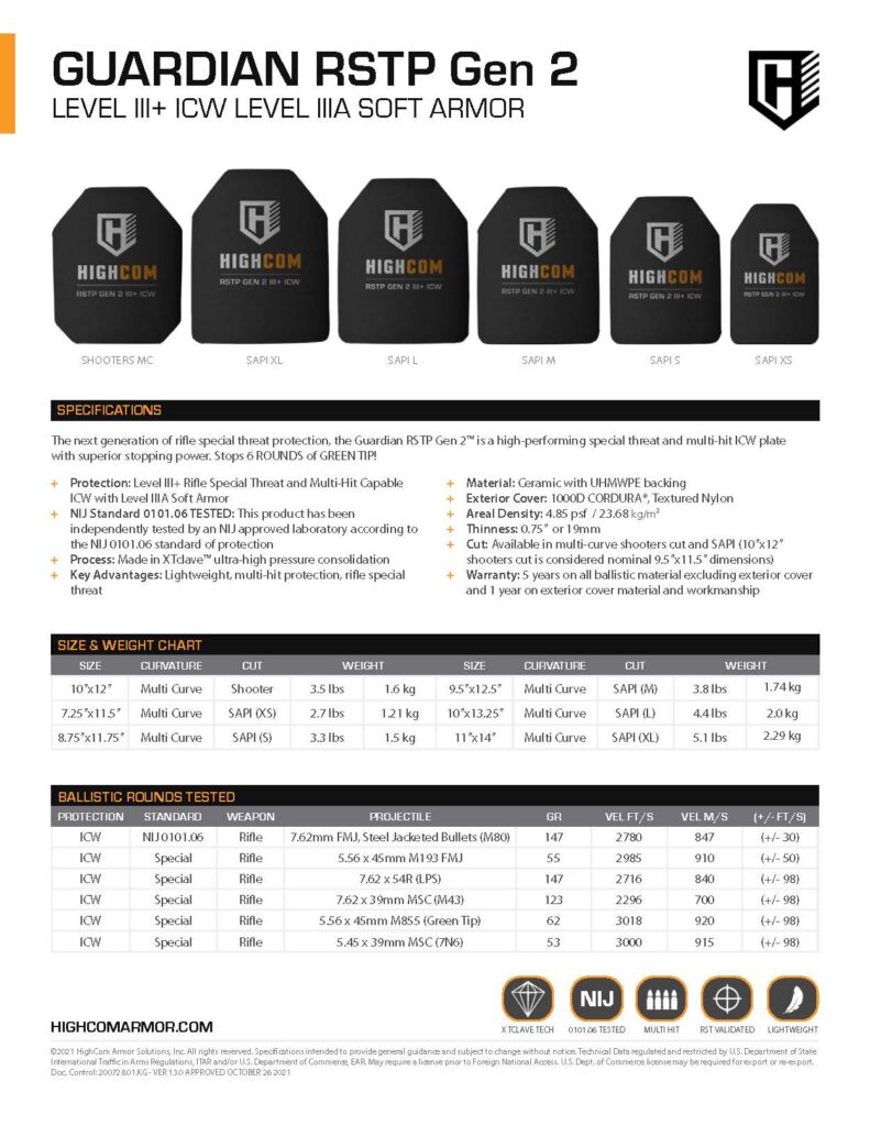 HighCom Armor Guardian RSTP Gen 2 Hard Armor Plate Product Spec PDF