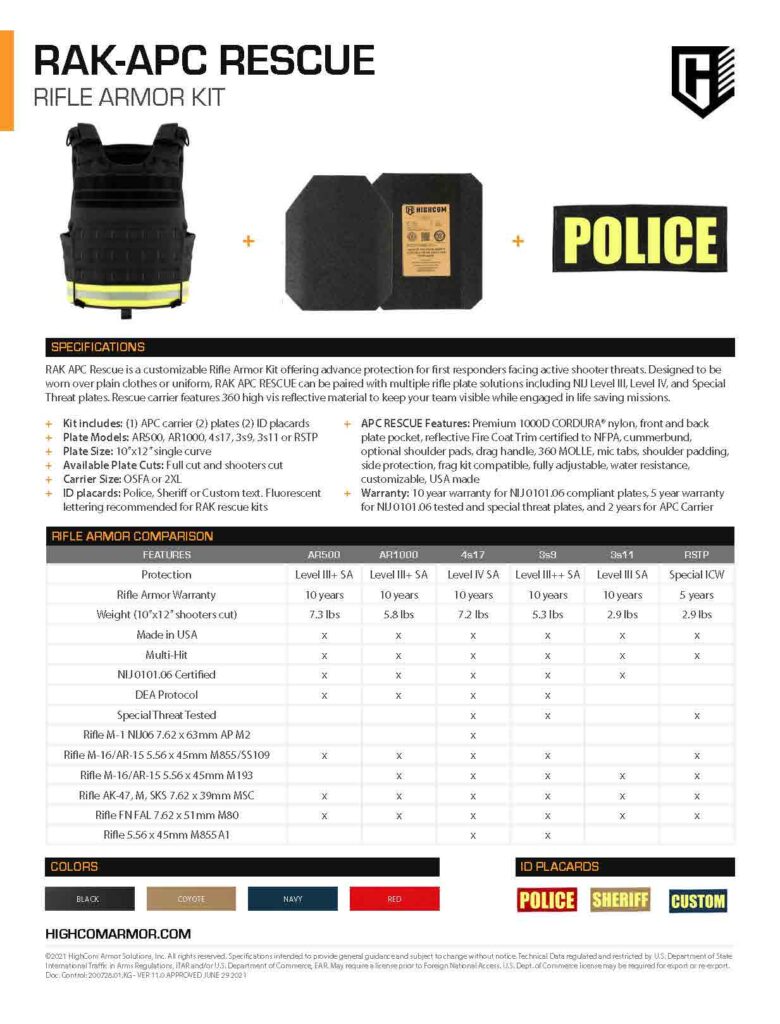 HighCom Armor RAK APC Rescue Rifle Armor Kit for First Responders Product Spec Sheet in PDF