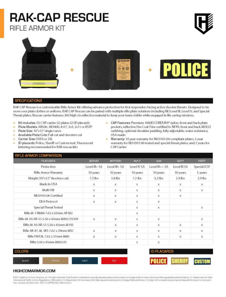 HighCom Armor RAK CAP Rescue Rifle Armor Kit for First Responders Product Spec Sheet in PDF