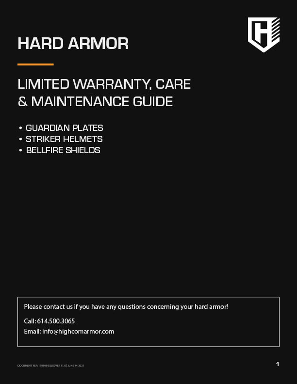 HighCom Armor Hard Armor Limited Warranty Care Maintenance Guide cover page