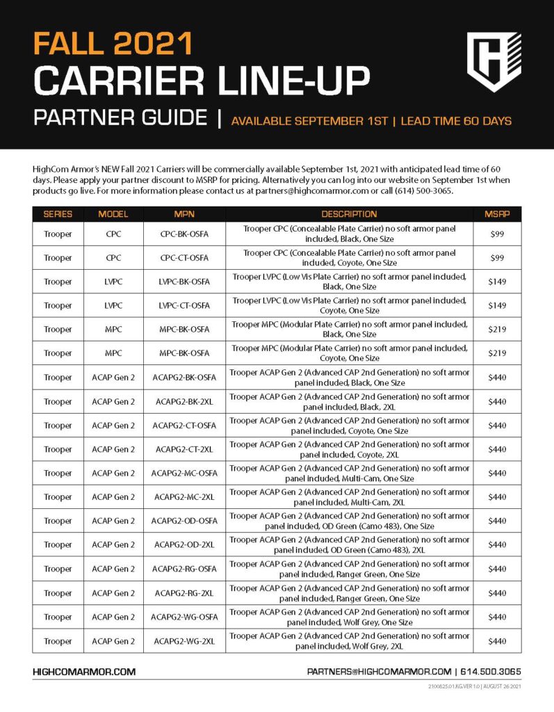 HighCom Armor Fall 2021 Carrier Line-up Partner Guide PDF page