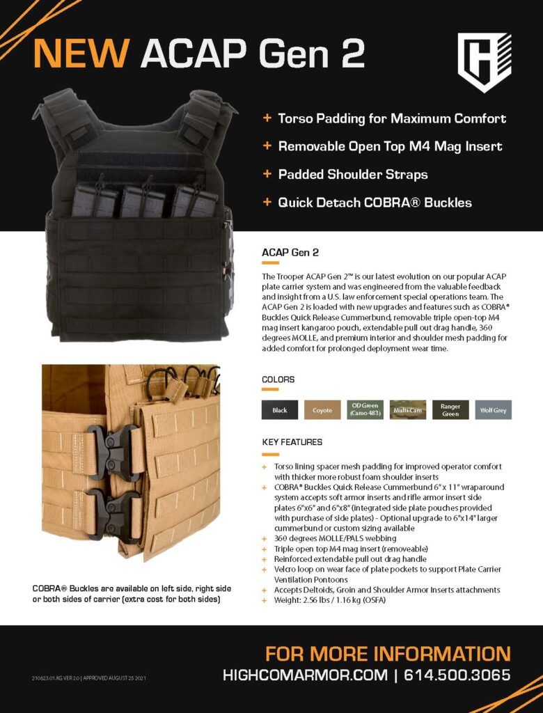 HighCom Armor Trooper ACAP Gen 2 Plate Carrier Sales Slick Partner Fillable Sales Slick