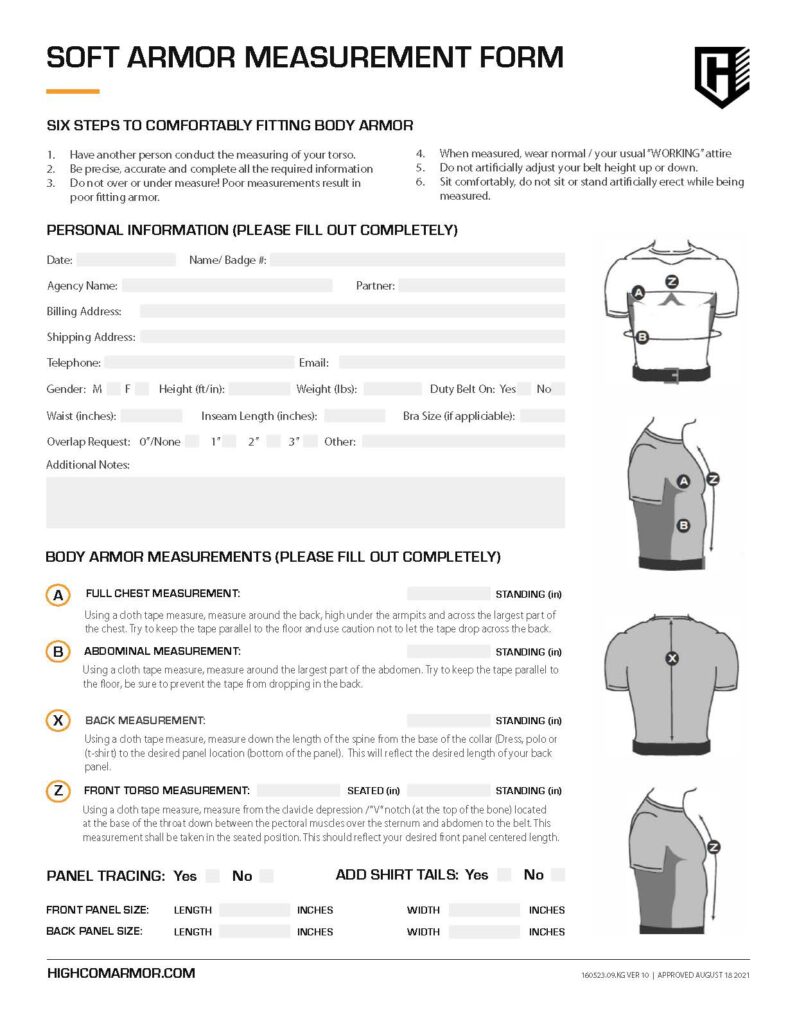 HighCom Armor Trooper Soft Armor Measurement Form
